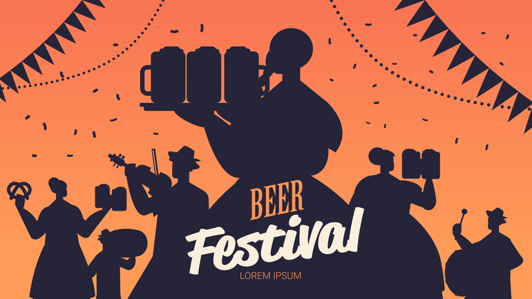 A vibrant beer festival with people in silhouette holding beer mugs, artists playing musical instruments, and festive decorations in the background.