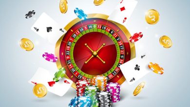 Casino roulette wheel with poker chips, playing cards, and gold coins flying around in a vibrant gaming environment.