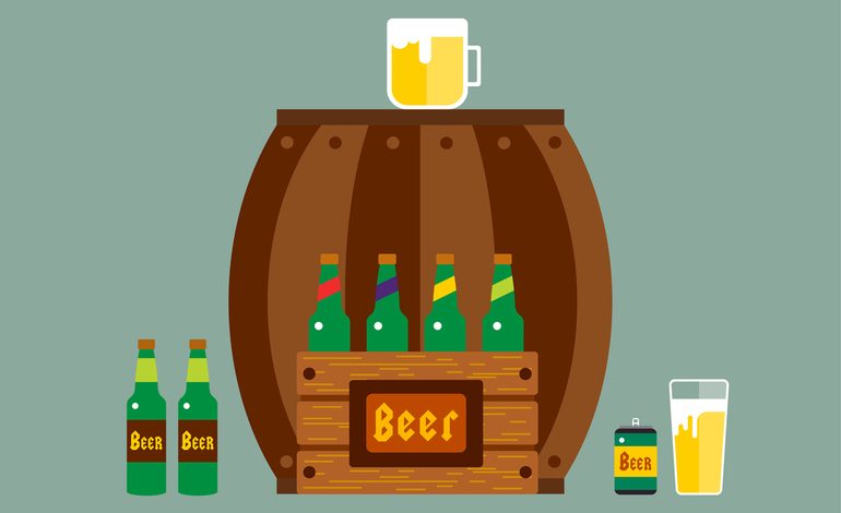 Beer barrel, crate, and bottles of craft beer, used to highlight cozy craft beer nights in with local brews, online hangouts, and games.
