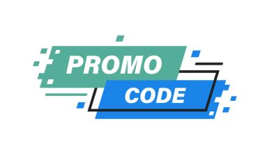 Promotional Code graphic design using blue and green digital designs.