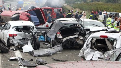 A multi-car accident on a highway.