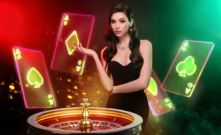 Woman in a casino setting with a roulette wheel and glowing playing cards, representing sites like Chumba Casino and alternatives in 2025.