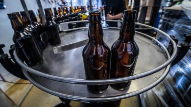 Beer bottles being filled in a brewery system.