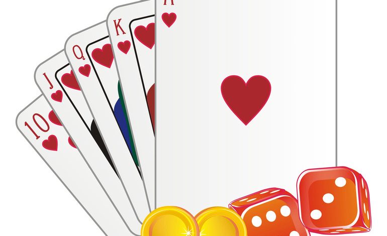 A set of casino cards, dice, and coins.