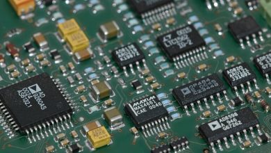 Close-up of a Rogers PCB with RF components and integrated circuits, highlighting high-frequency circuit design for advanced electronics.