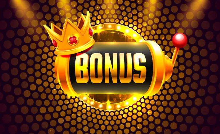 Casino signup bonus with a crown and a glowing slot machine icon.