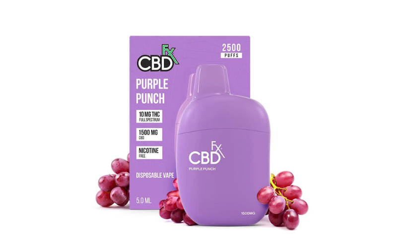 Purple CBDfx Purple Punch disposable vape with matching box, labeled 2500 puffs and 1500mg CBD, shown alongside fresh purple grapes.