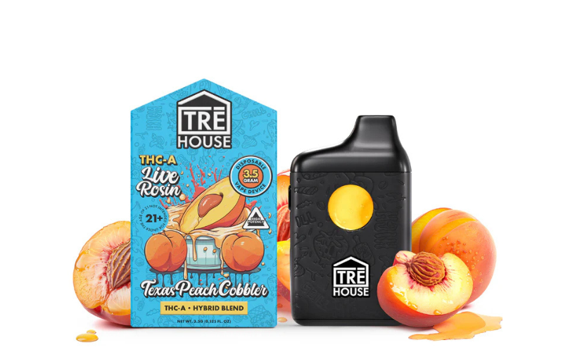 packaging, surrounded by fresh peaches and peach slices.
