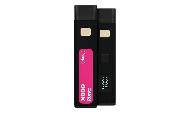 Black vape device with a bright pink label reading “MOOD Runtz” and a small display screen on the front.