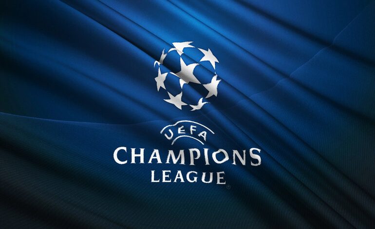 UEFA Champions League logo on a blue flag background.
