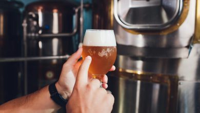 A close-up of a person holding a glass of craft beer in front of stainless steel brewing tanks, illustrating the final product of a local independent brewery.