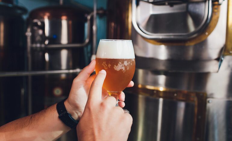 A close-up of a person holding a glass of craft beer in front of stainless steel brewing tanks, illustrating the final product of a local independent brewery.