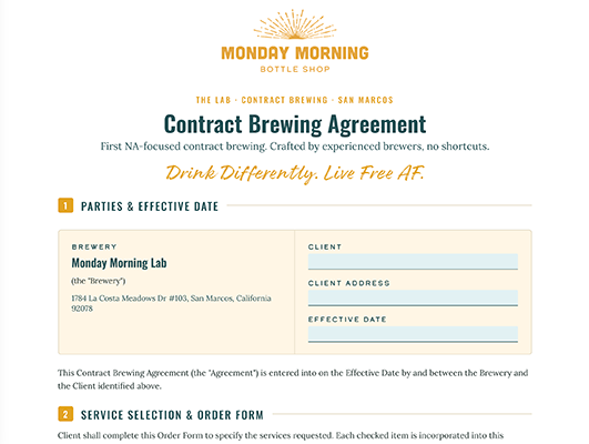 Monday Morning Lab contract-brewing form, page 1